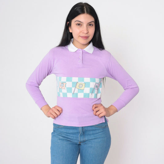 80s Purple Checkered Flag Graphic Polo Shirt Long Sleeve XXS