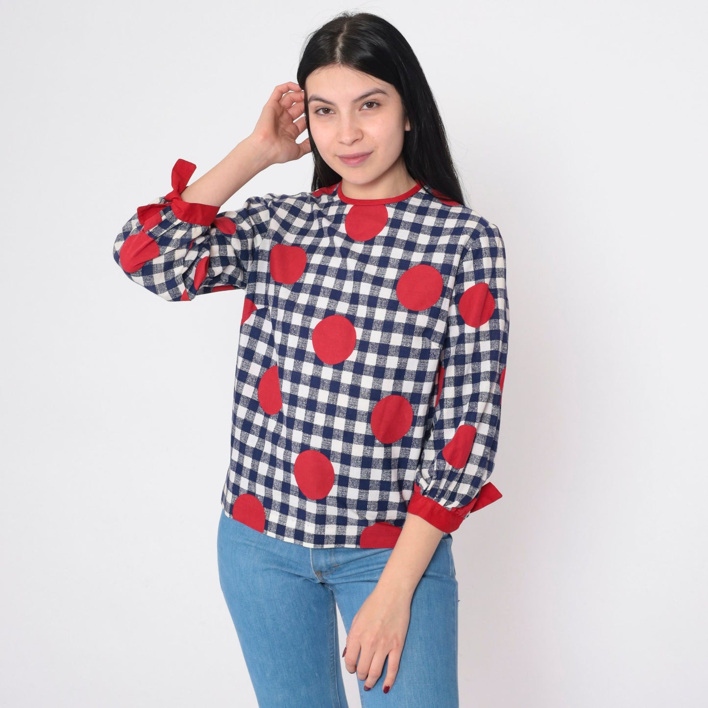 60s Mod Gingham Polka Dot Puff Sleeve Blouse Blue White Red Bow Cuffs Small