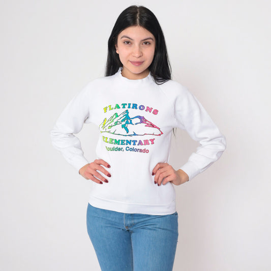 90s Flatirons Elementary Boulder Colorado Raglan Sweatshirt White Graphic Extra Small