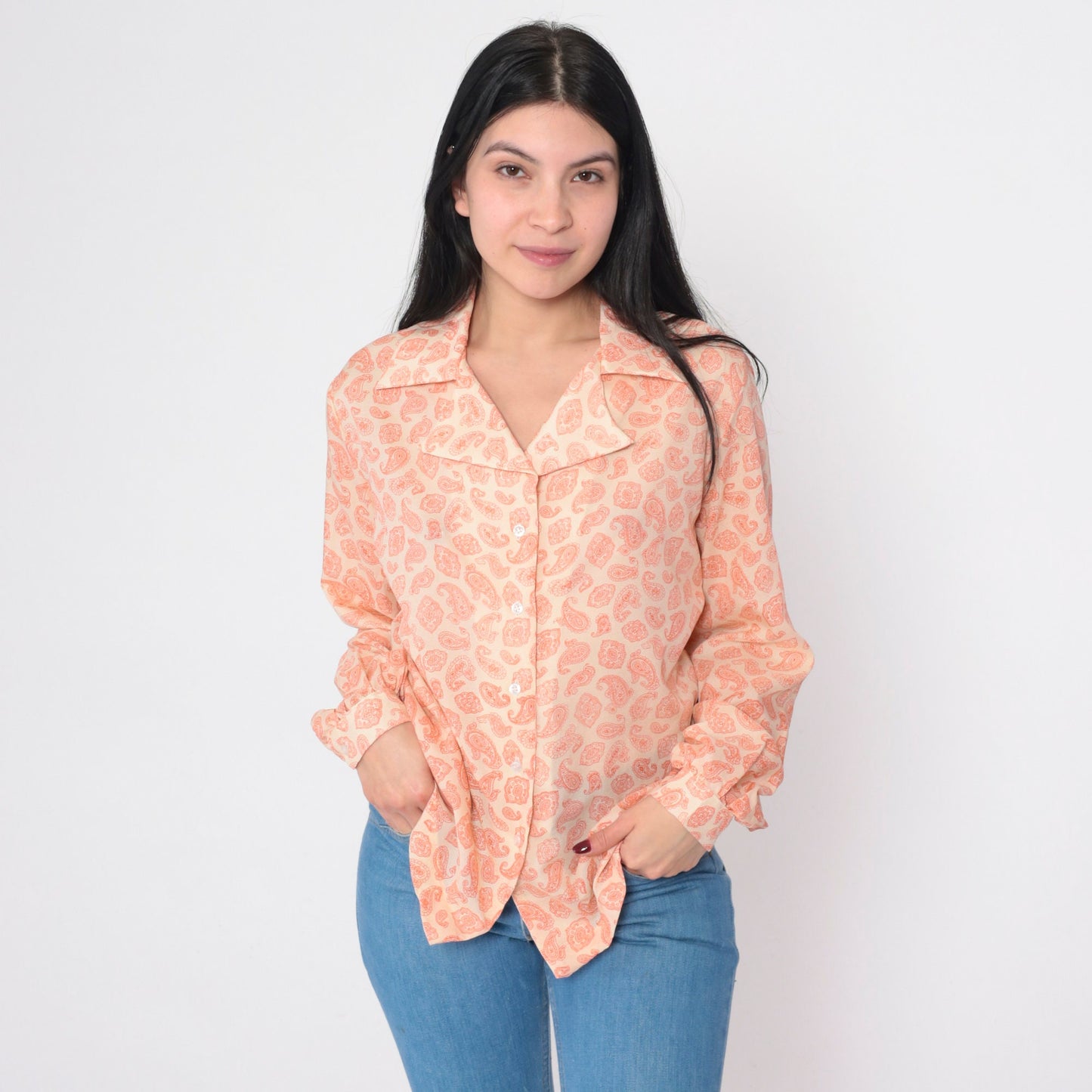70s Paisley Button-Up Blouse Long Sleeve Notched Collar Disco Print Large L