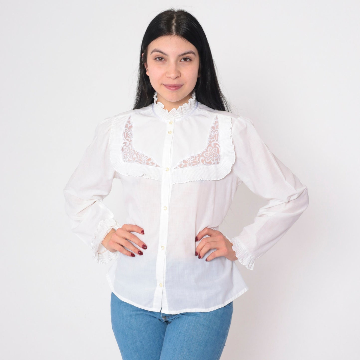 80s White Victorian Blouse Puff Sleeve High Neck Floral Embroidered Small