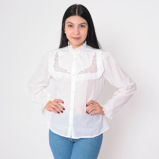80s White Victorian Blouse Puff Sleeve High Neck Floral Embroidered Small