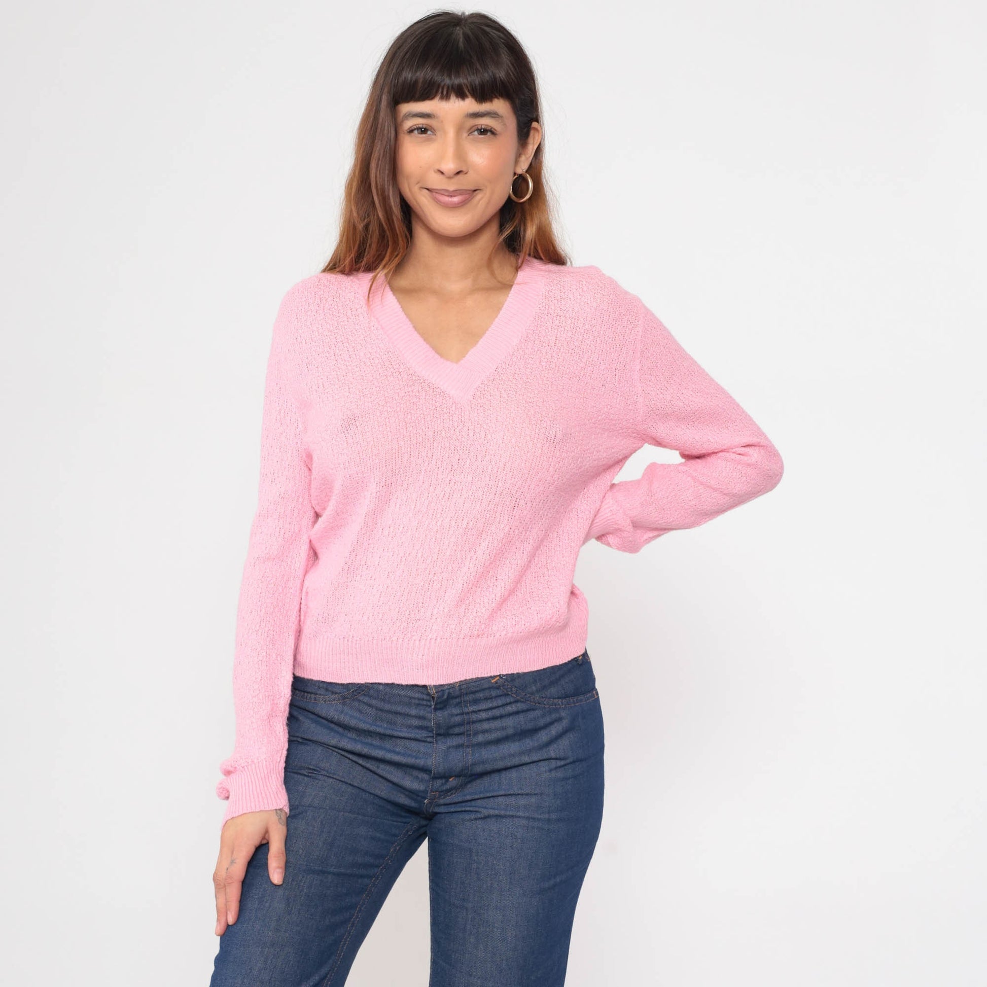 80s Bel Ami Pink V-Neck Knit Sweater Semi-Sheer Pullover Small
