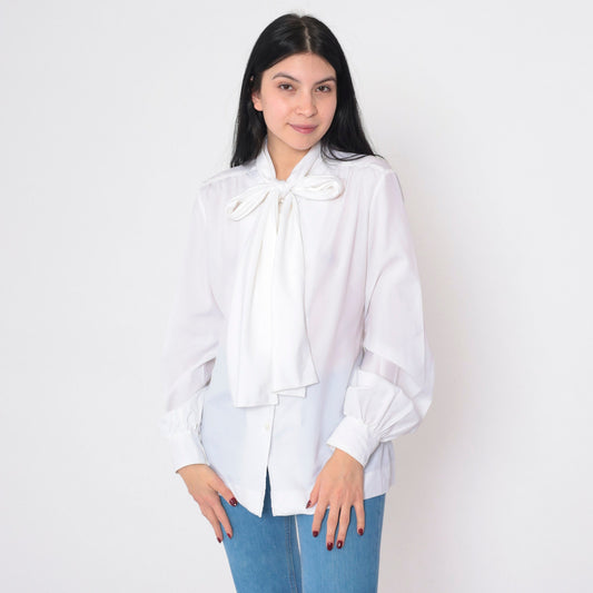 80s Evan Picone White Button-Up Blouse Attached Necktie Long Sleeve Large