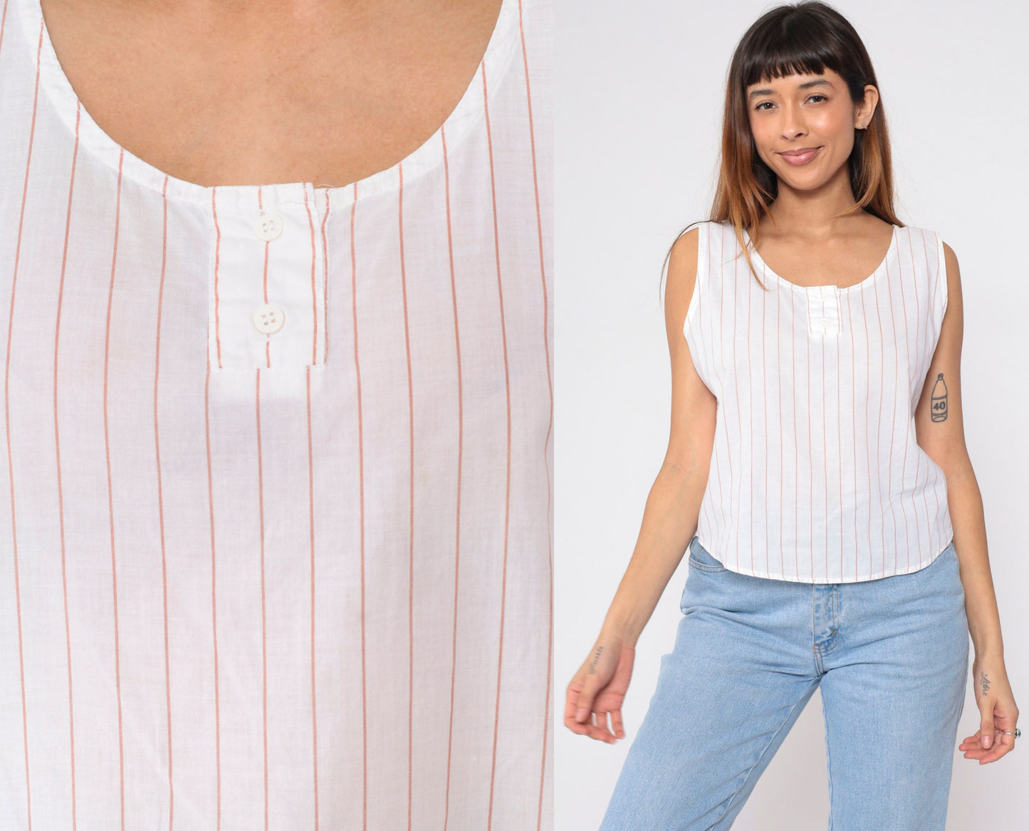 80s Striped Henley Tank Top White Tan Button-Up Scoop Neck Cotton Medium
