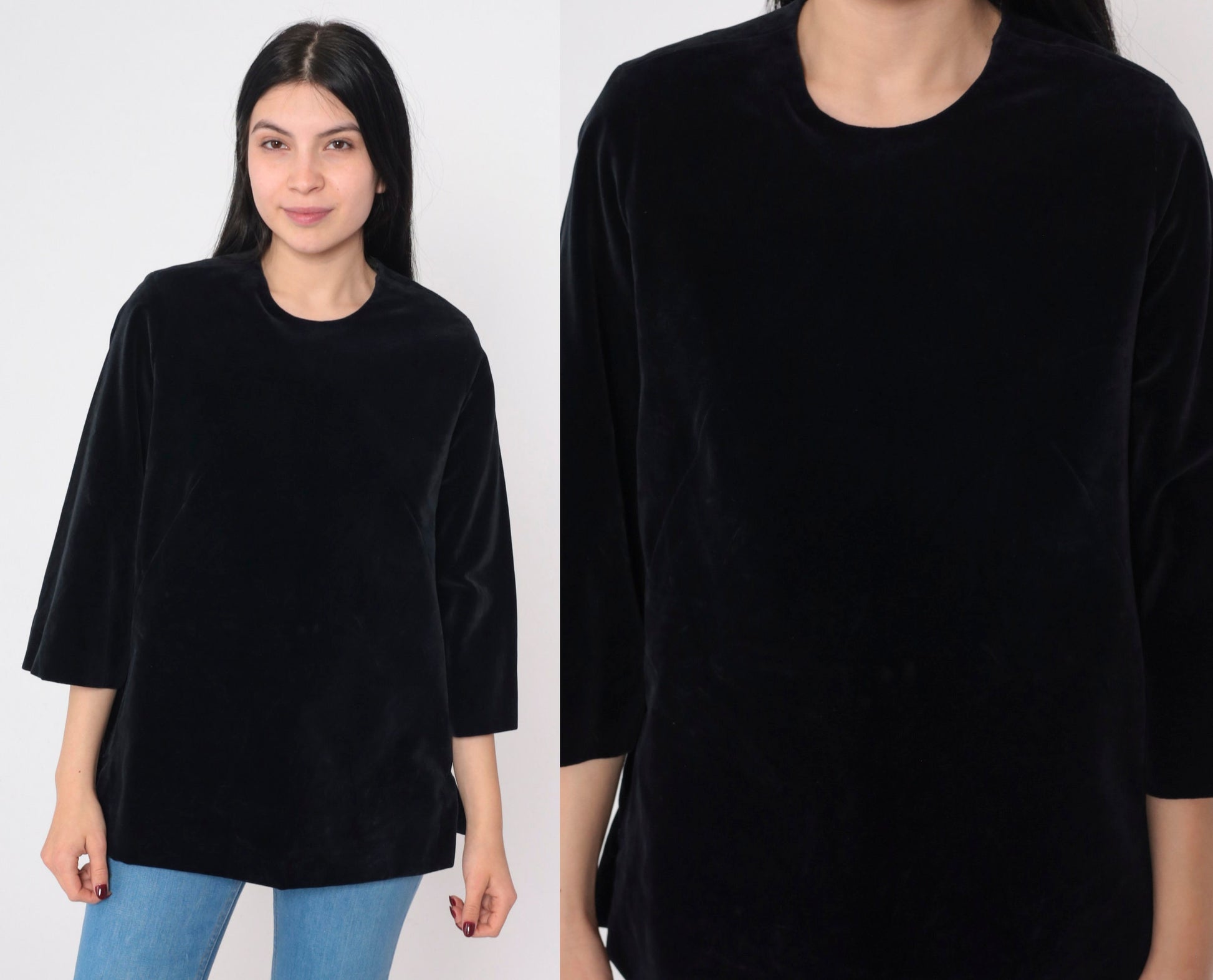 60s Black Velvet Blouse 3/4 Sleeve Rear Zip Medium