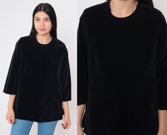60s Black Velvet Blouse 3/4 Sleeve Rear Zip Medium