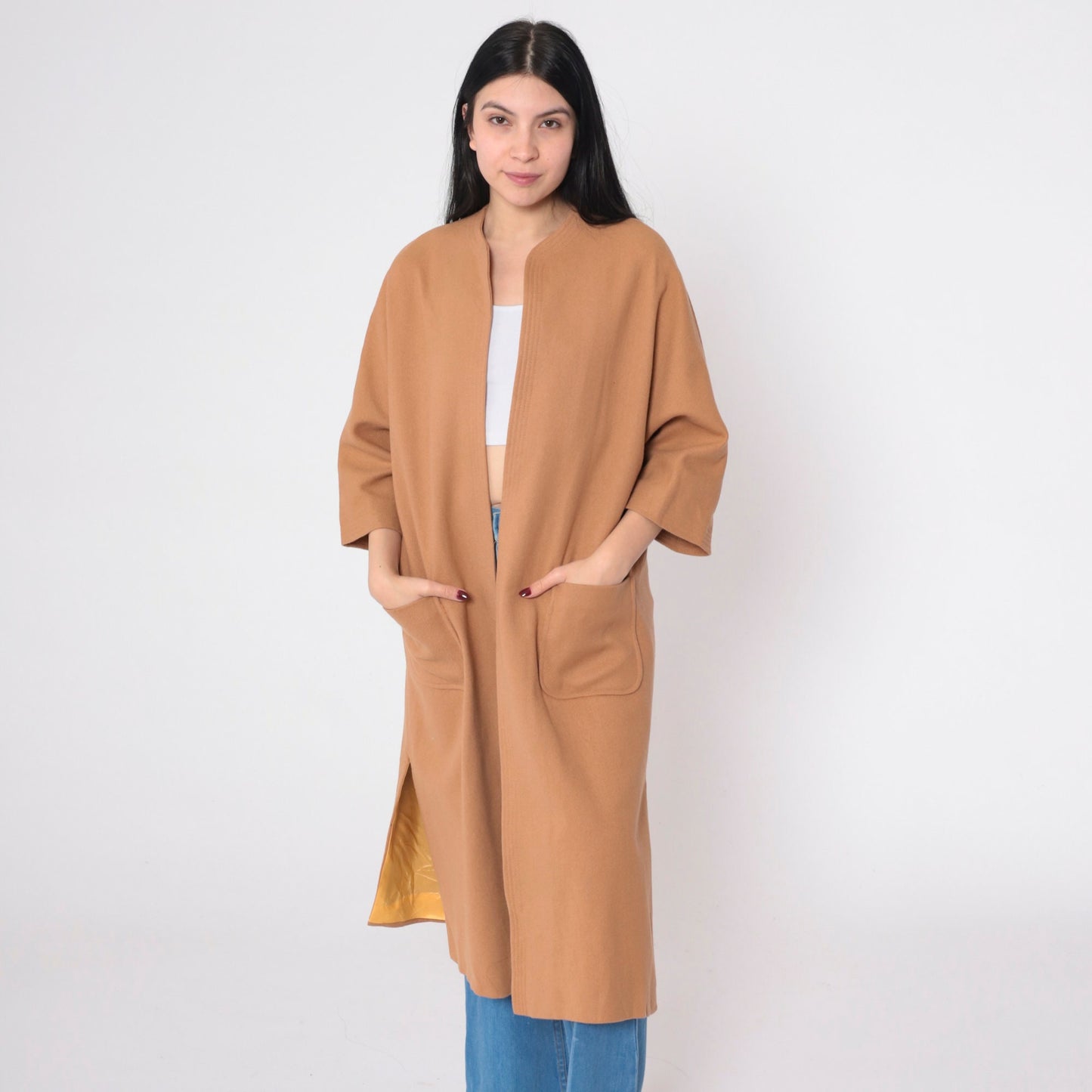 80s Tan Wool Jacket Open Front 3/4 Sleeve Longline Coat Small Medium