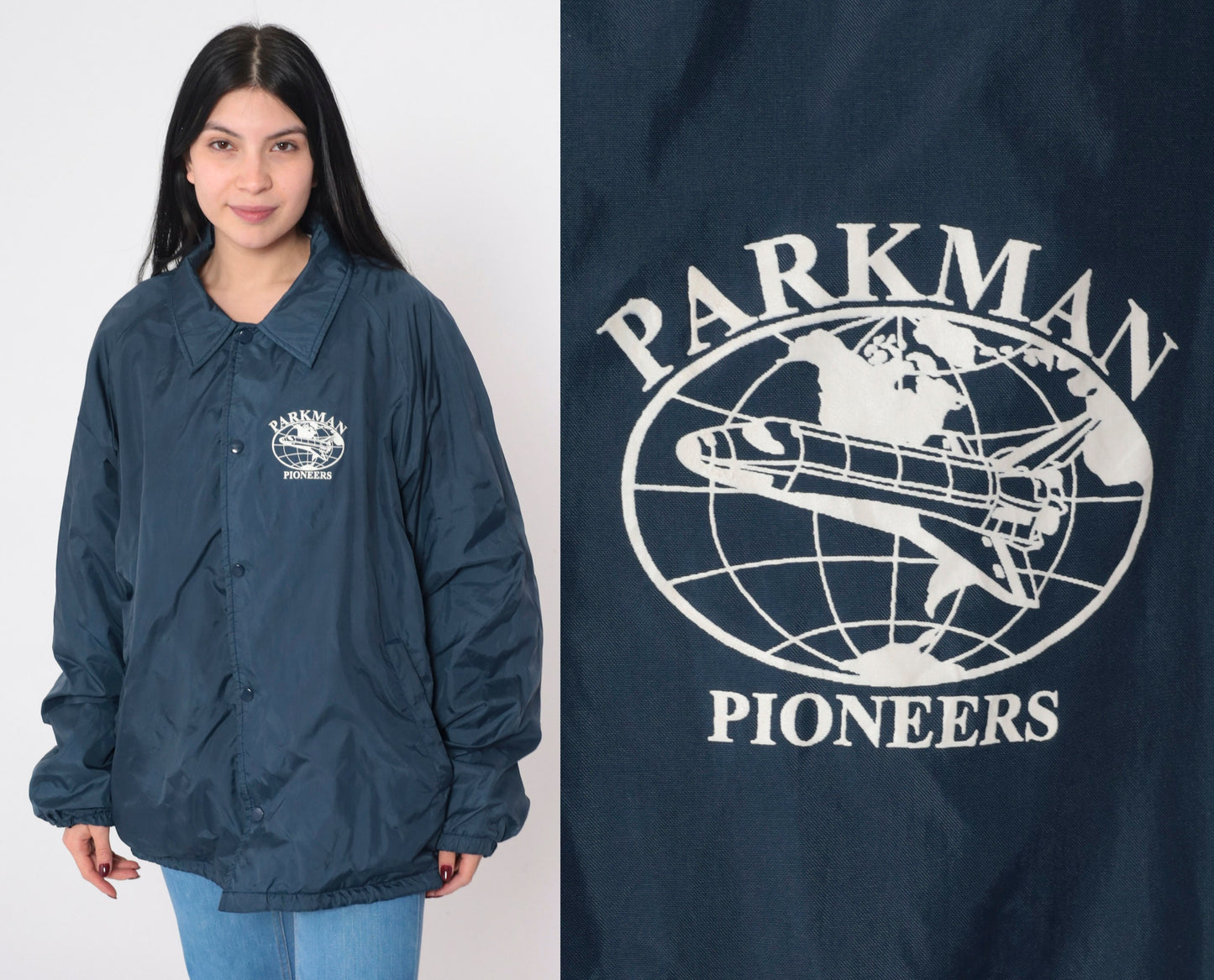 80s Parkman Pioneers Airplane Logo Navy Windbreaker Jacket Extra Large