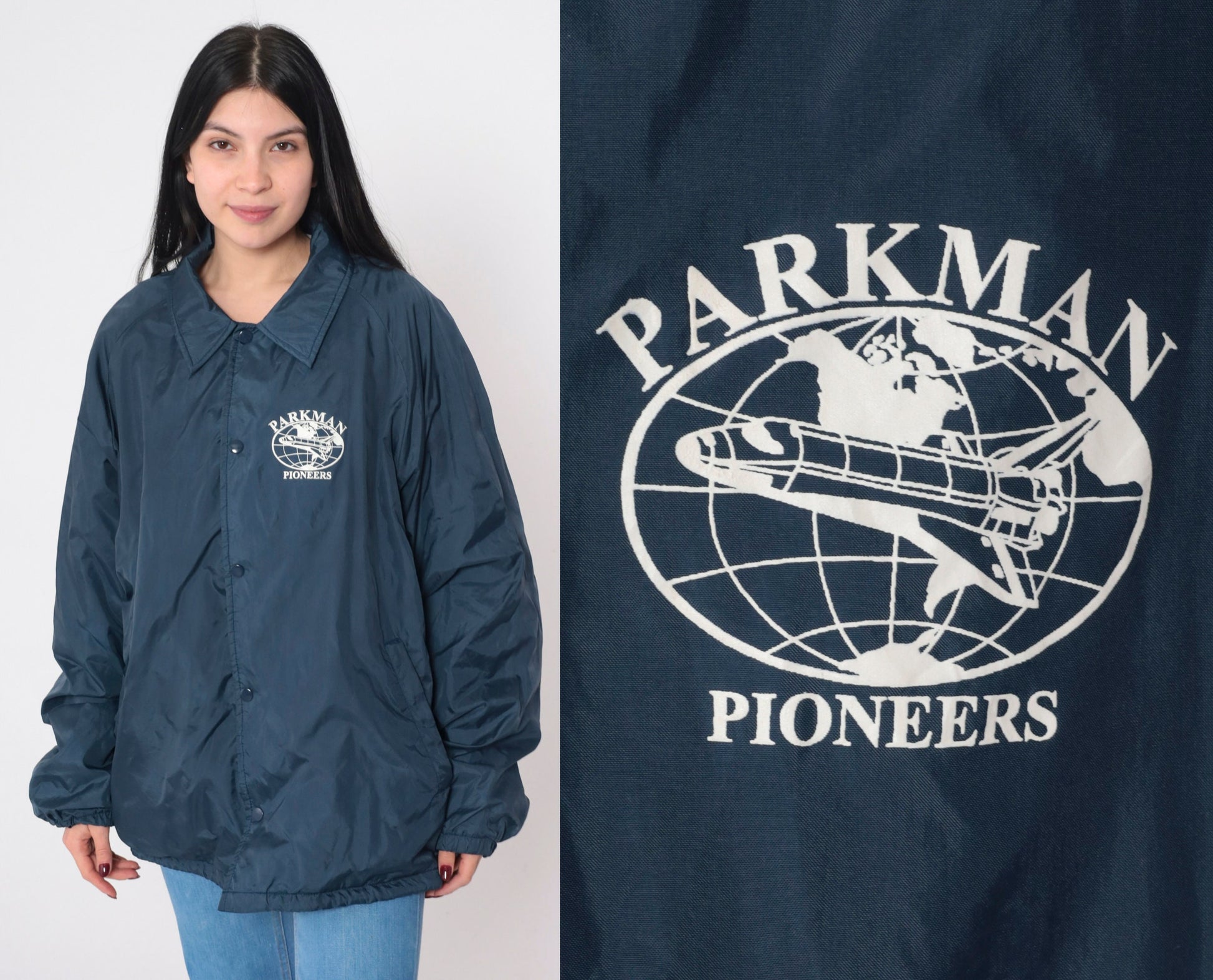 80s Parkman Pioneers Airplane Logo Navy Windbreaker Jacket Extra Large