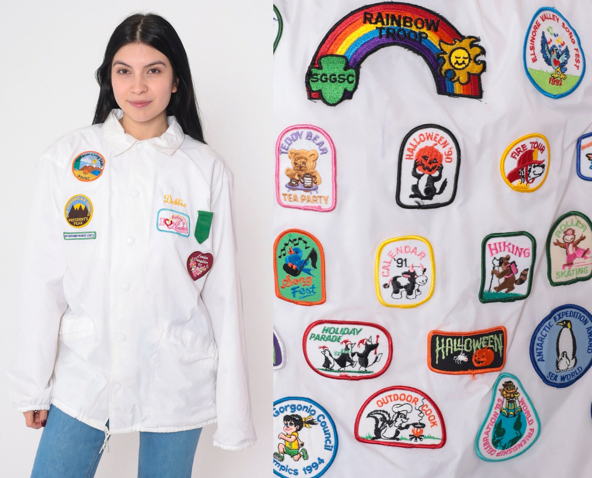 90s Girl Scout Leader White Snap Jacket Debbie Patch Nylon Large L