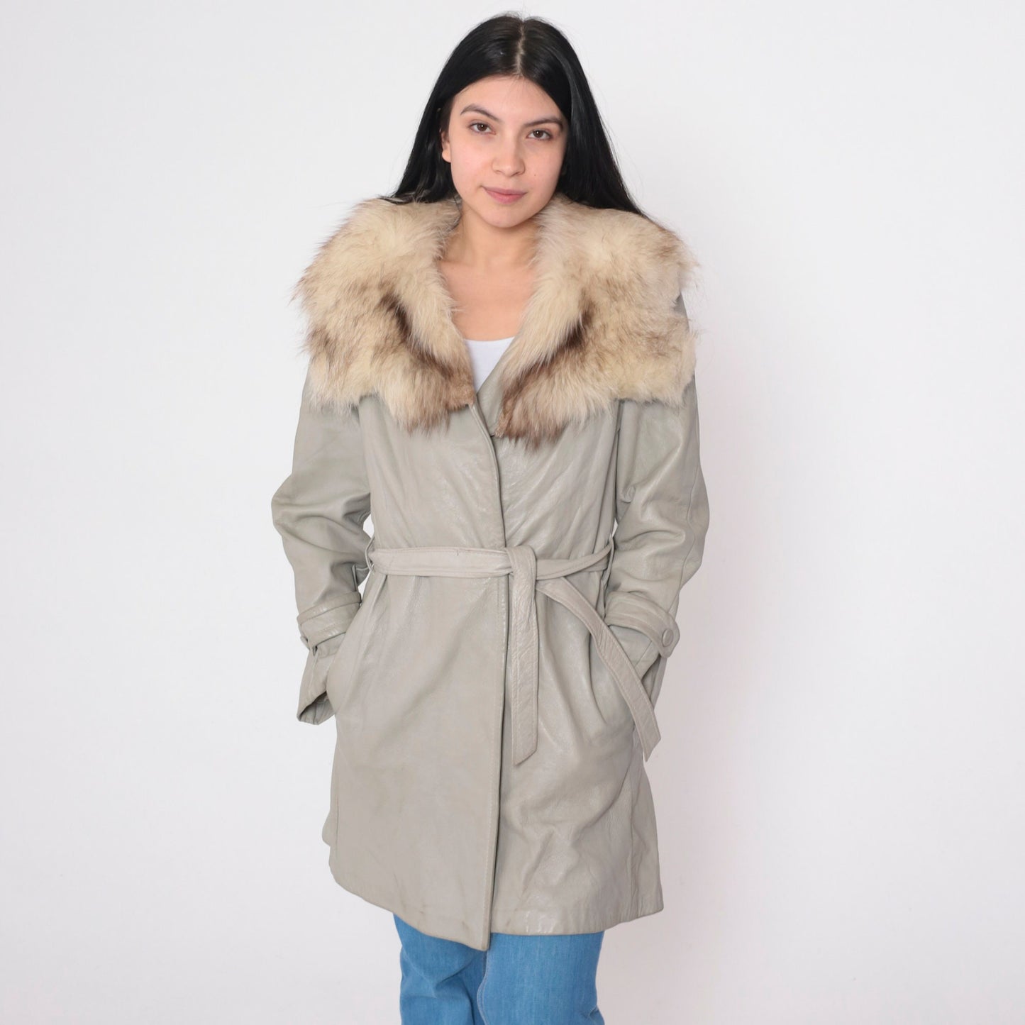 70s Light Grey Leather Jacket Faux Fur Collar Zip Belt Small