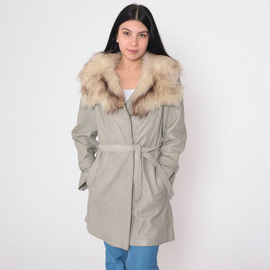 70s Light Grey Leather Jacket Faux Fur Collar Zip Belt Small