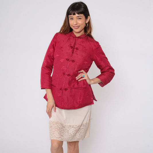 80s Red Floral Asian-Inspired Jacket Quilted Down-Fill Knot Buttons Small