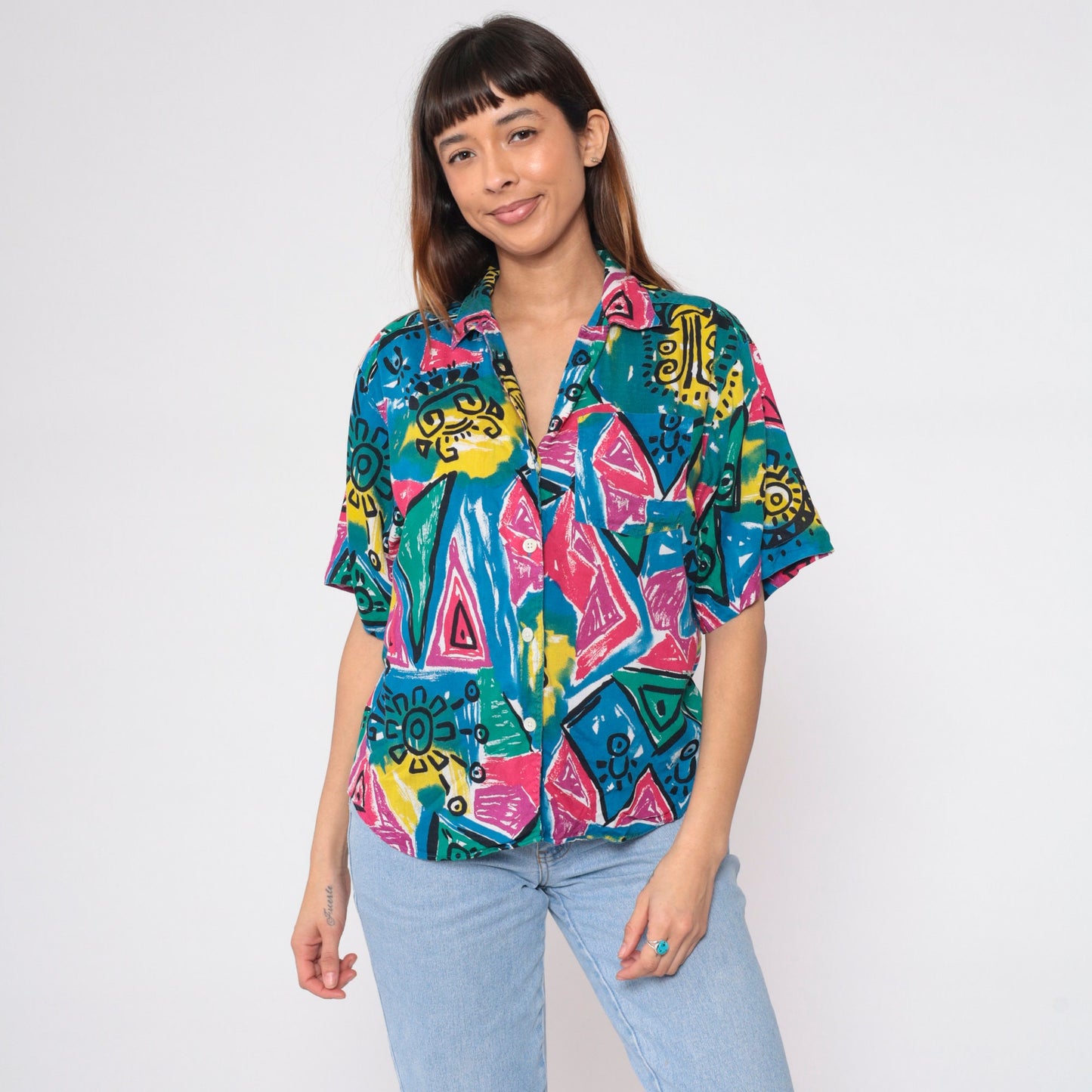 90s Blue Rose Geometric Celestial Print Button Up Shirt Large