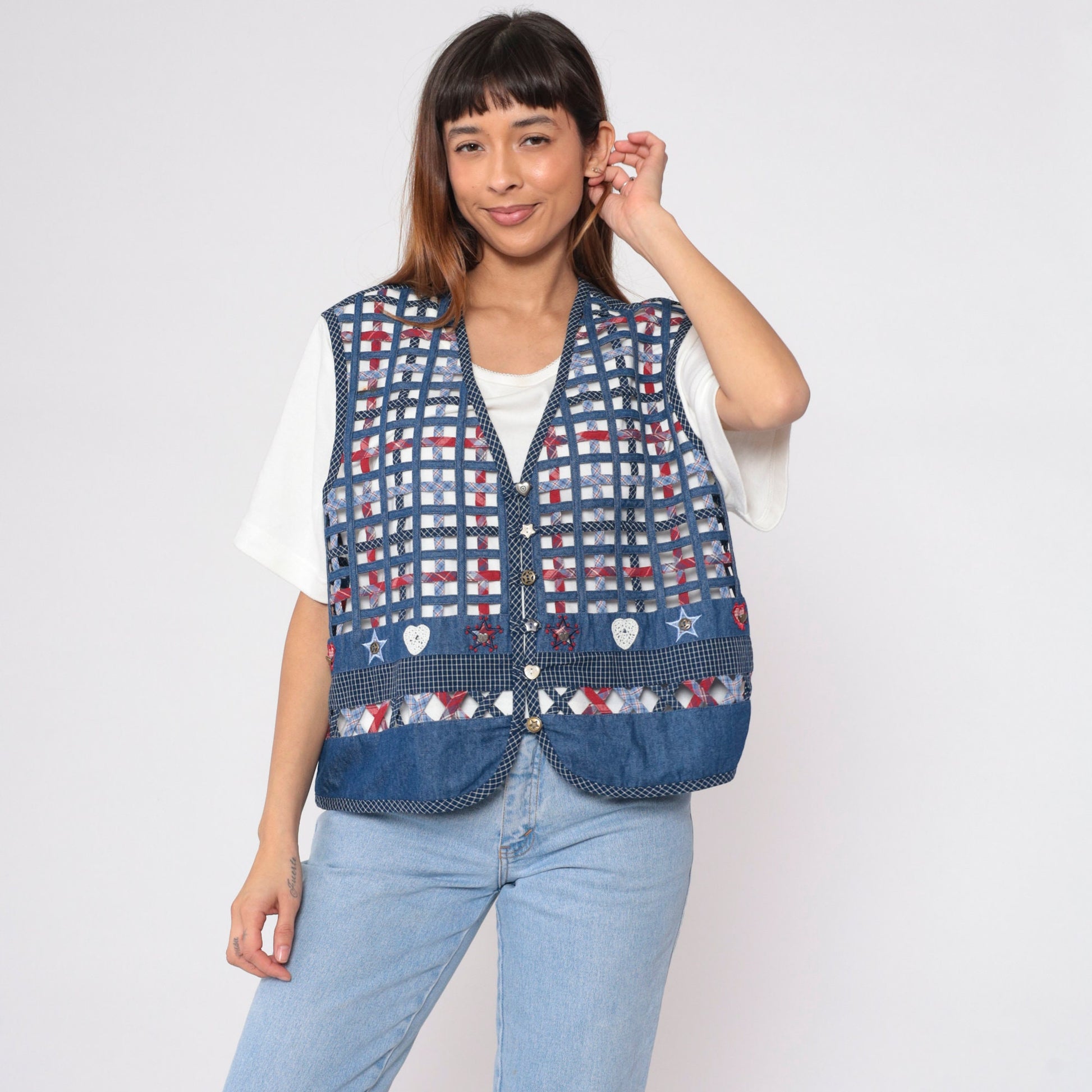 90s Koret City Blues Checkered Vest Blouse White Cotton Button Up Extra Large XXL