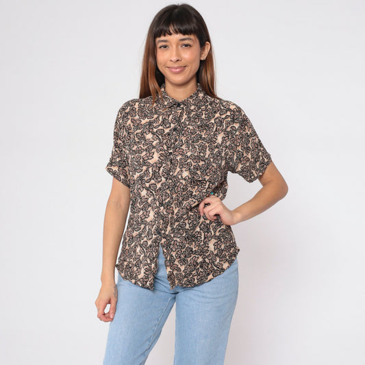 90s Floral Blouse Brown Tan Flower Print Rayon Button Up Short Sleeve Medium