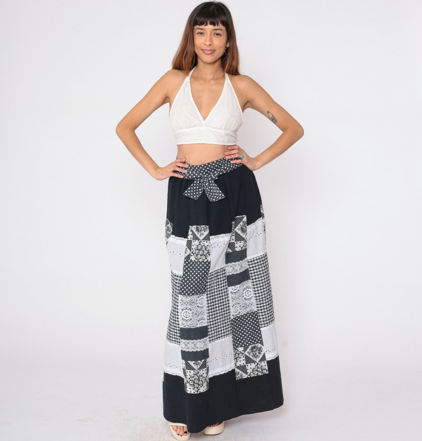 70s Patchwork Wrap Skirt Black White Maxi Eyelet Lace Gingham Polka Dot Medium Large