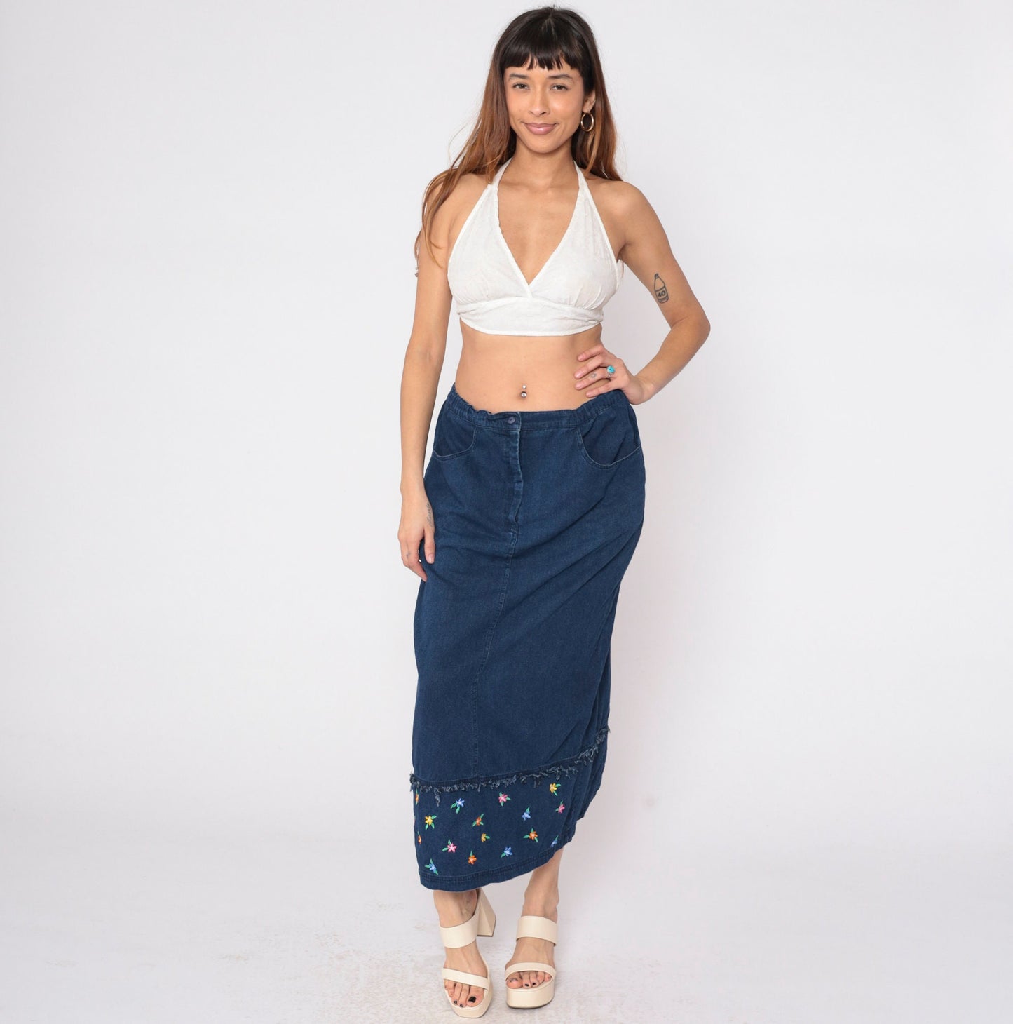 00s Samantha Edwards Denim Maxi Skirt Floral Embroidered Dark Wash Large