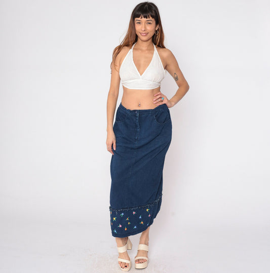 00s Samantha Edwards Denim Maxi Skirt Floral Embroidered Dark Wash Large