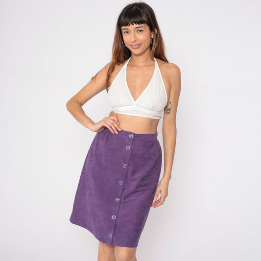 80s Purple Mini Skirt High Waisted Button Front Pencil Small S