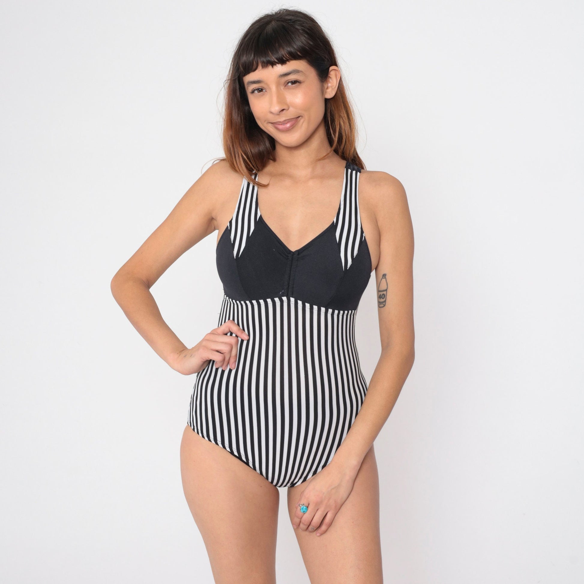 90s Black White Striped One-Piece Swimsuit V-Neck Low Cut Small