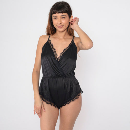 Y2K Black Eyelash Lace Teddy Romper Wrap V-Neck Peekaboo Back Medium M