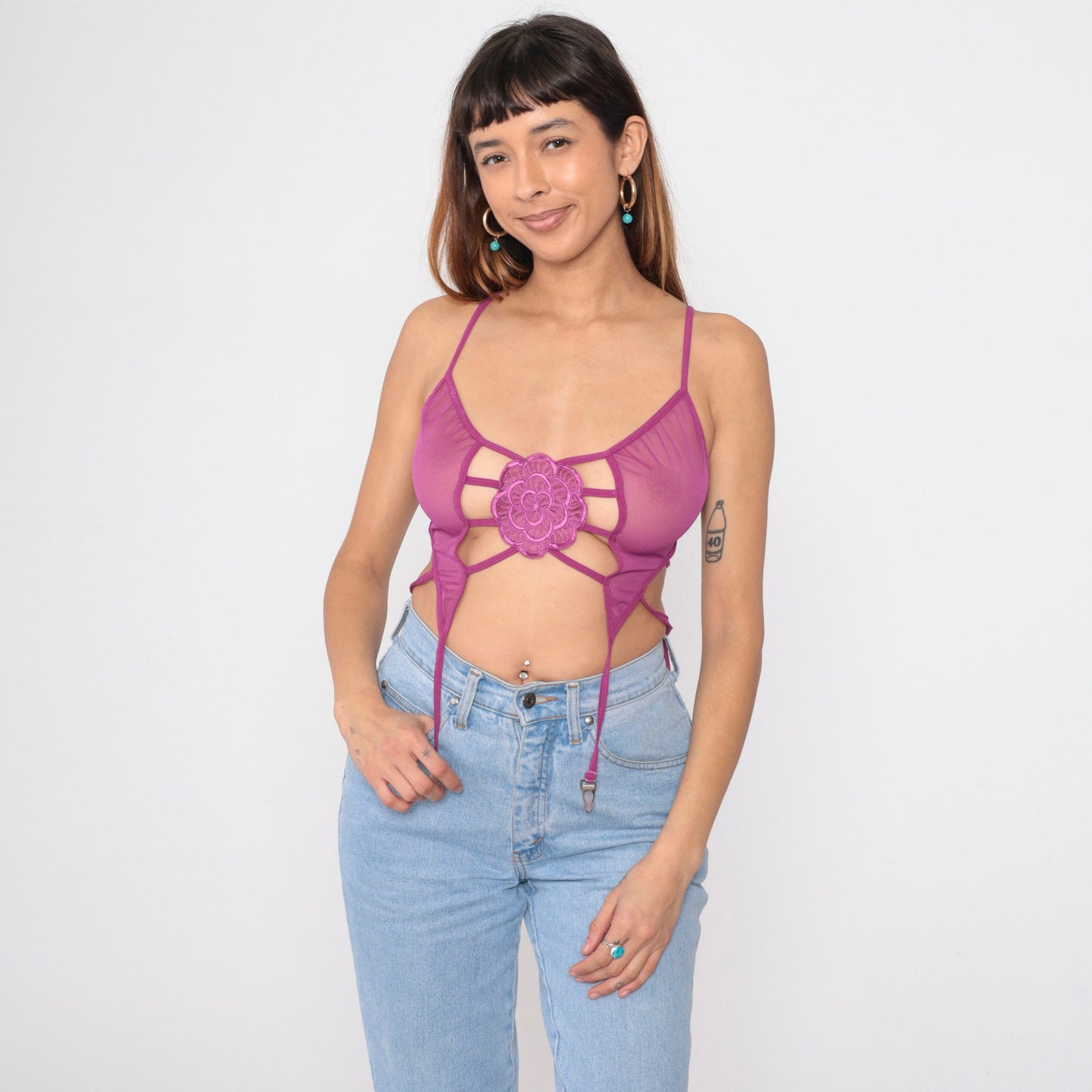 00s Shirley of Hollywood Purple Mesh Bustier Bralette Cage Back Garter Straps Small Medium