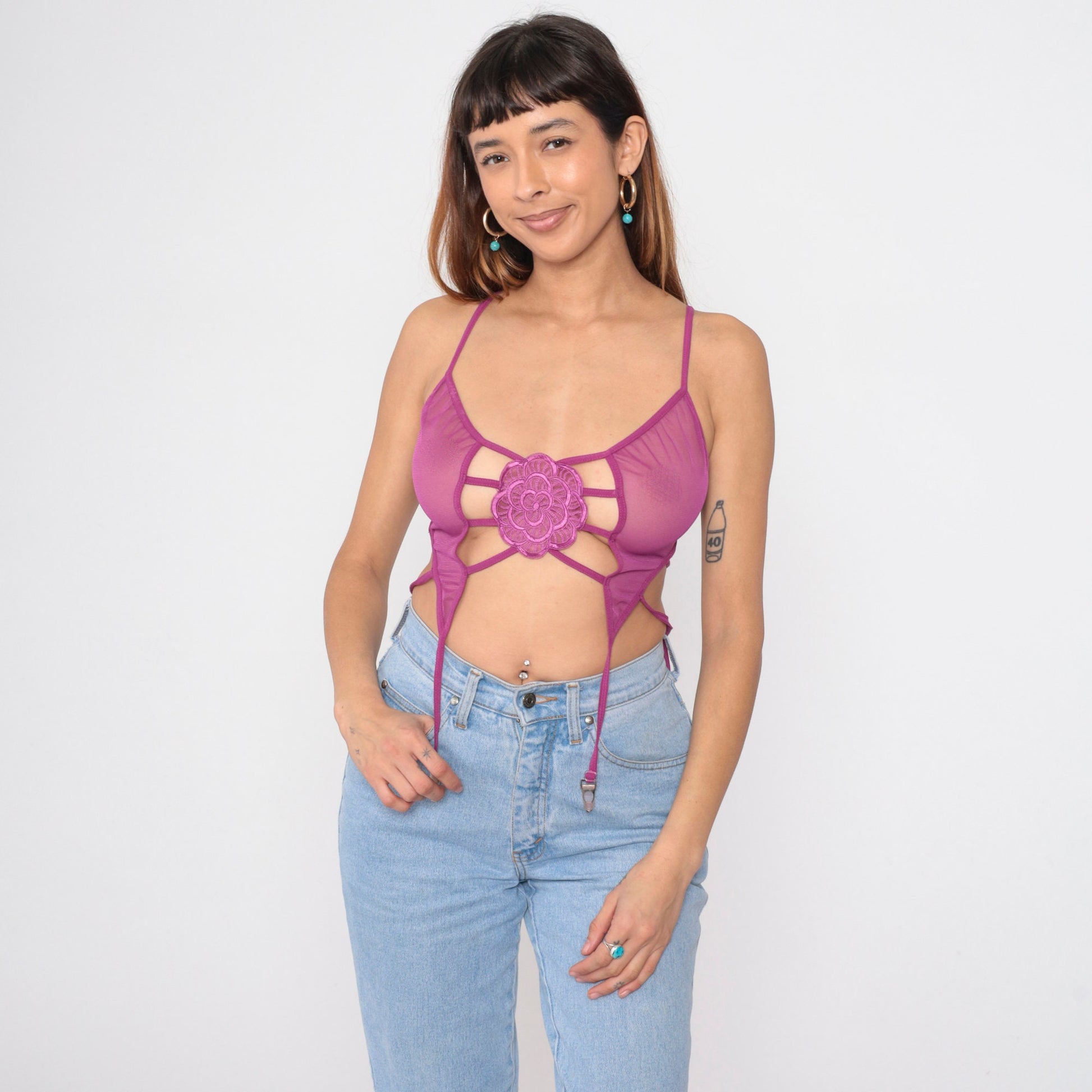 00s Shirley of Hollywood Purple Mesh Bustier Bralette Cage Back Garter Straps Small Medium