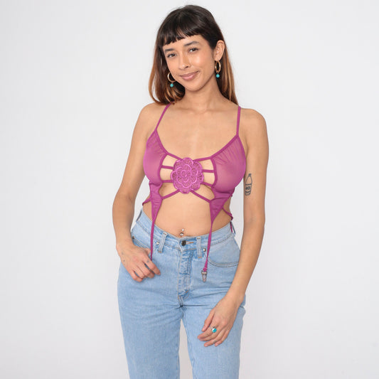 00s Shirley of Hollywood Purple Mesh Bustier Bralette Cage Back Garter Straps Small Medium