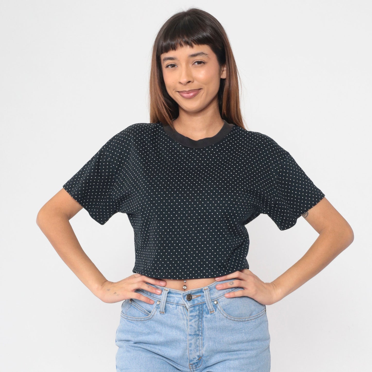 90s Black Polka Dot Crop Top White Print Short Sleeve Baby Tee Large L