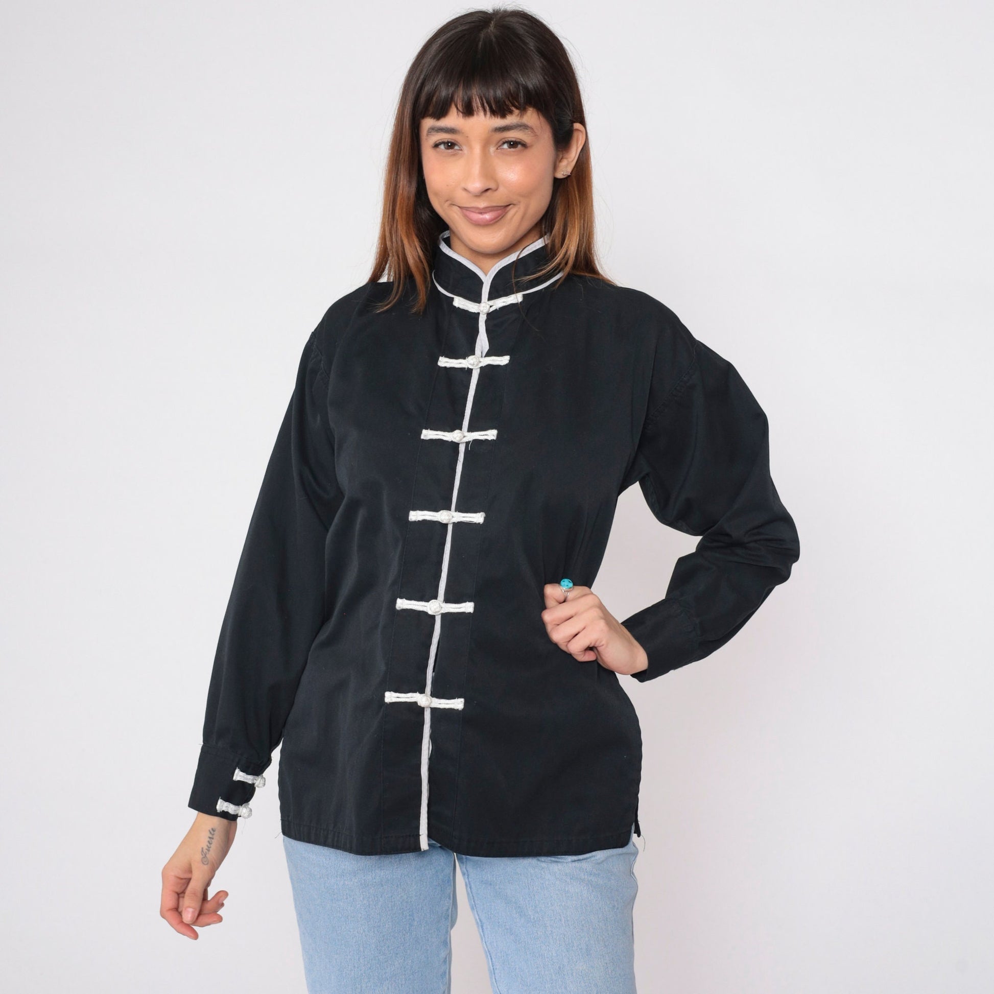 90s Black Button-Up Blouse with White Trim and Frog Knot Closure Small S