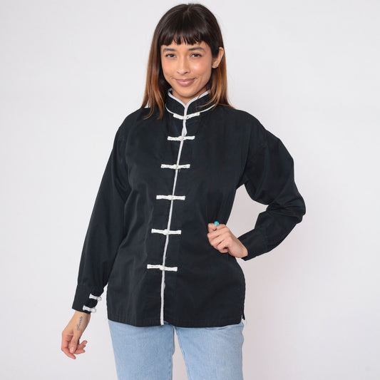 90s Black Button-Up Blouse with White Trim and Frog Knot Closure Small S