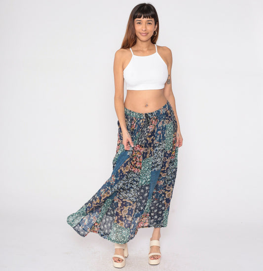 90s Patchwork Floral Maxi Skirt Blue Drawstring Rayon Medium M