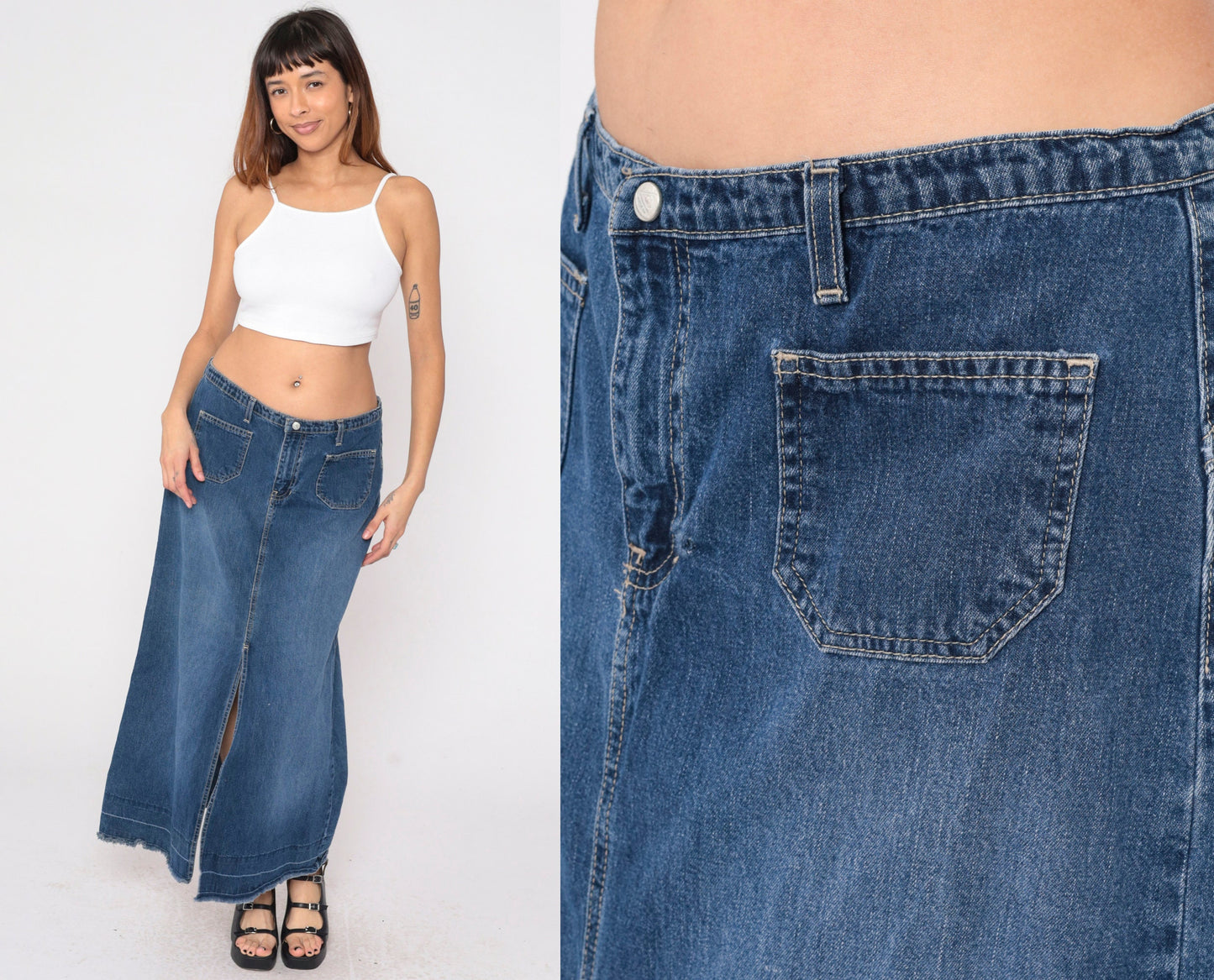 Y2K Roxy Low Rise Denim Maxi Skirt Blue Front Slit Large