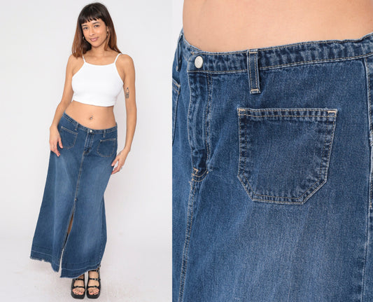 Y2K Roxy Low Rise Denim Maxi Skirt Blue Front Slit Large