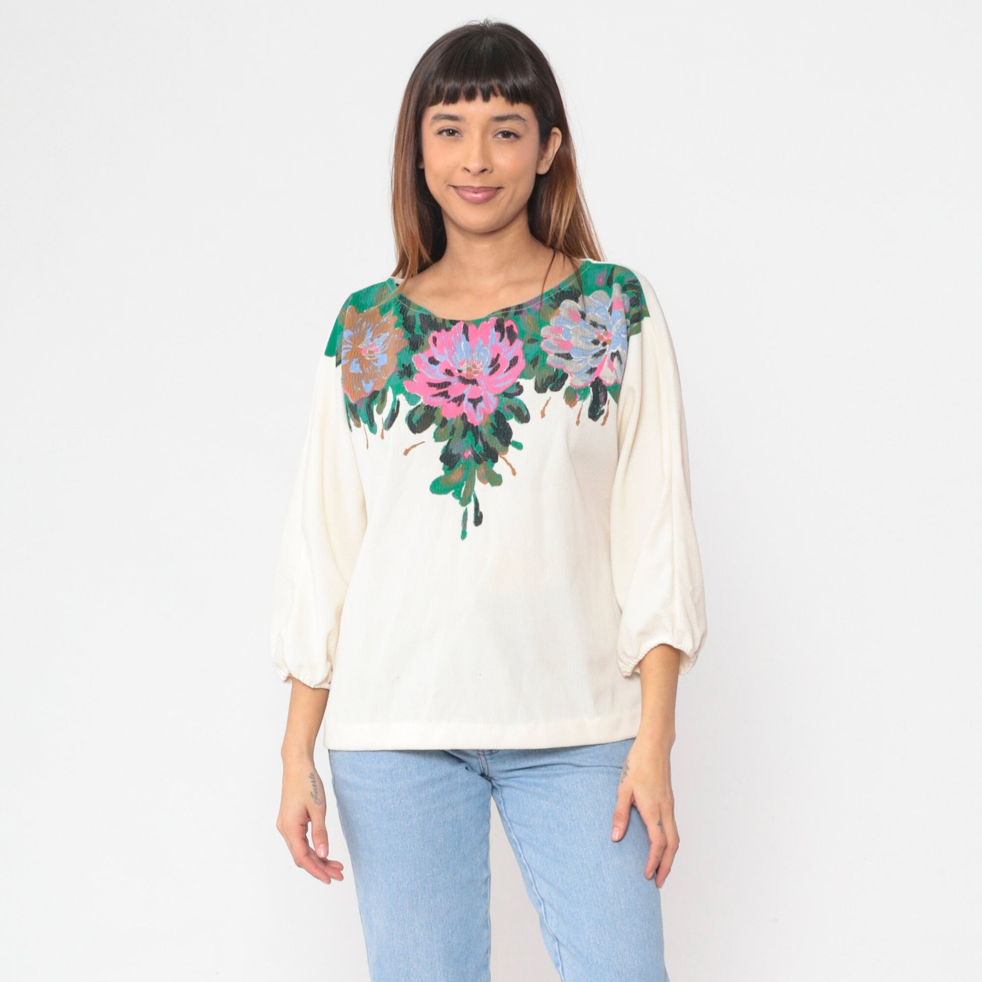 80s Cream Floral Peasant Blouse 3/4 Balloon Sleeve Painted Flower Print Large