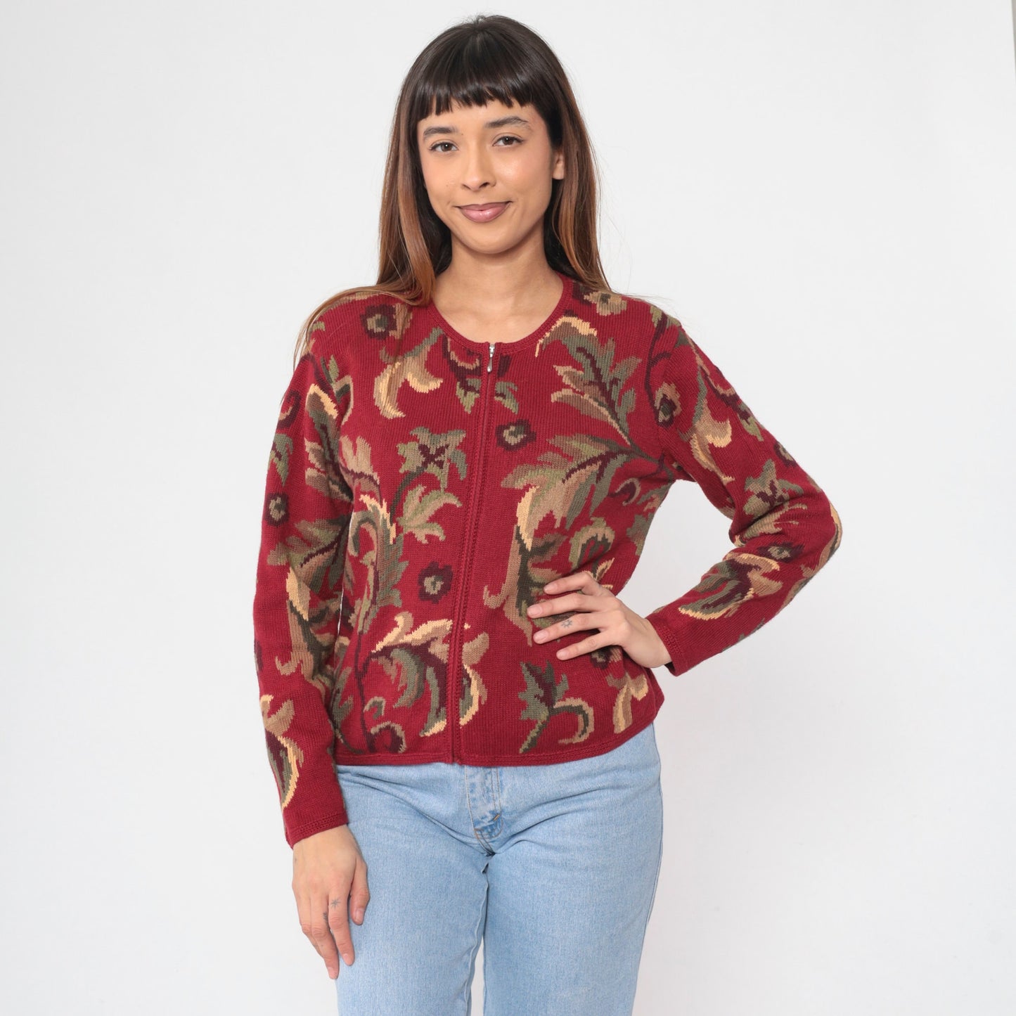 00s Talbots Leaf Print Cardigan Red Cotton Ramie Zip Knit Small S