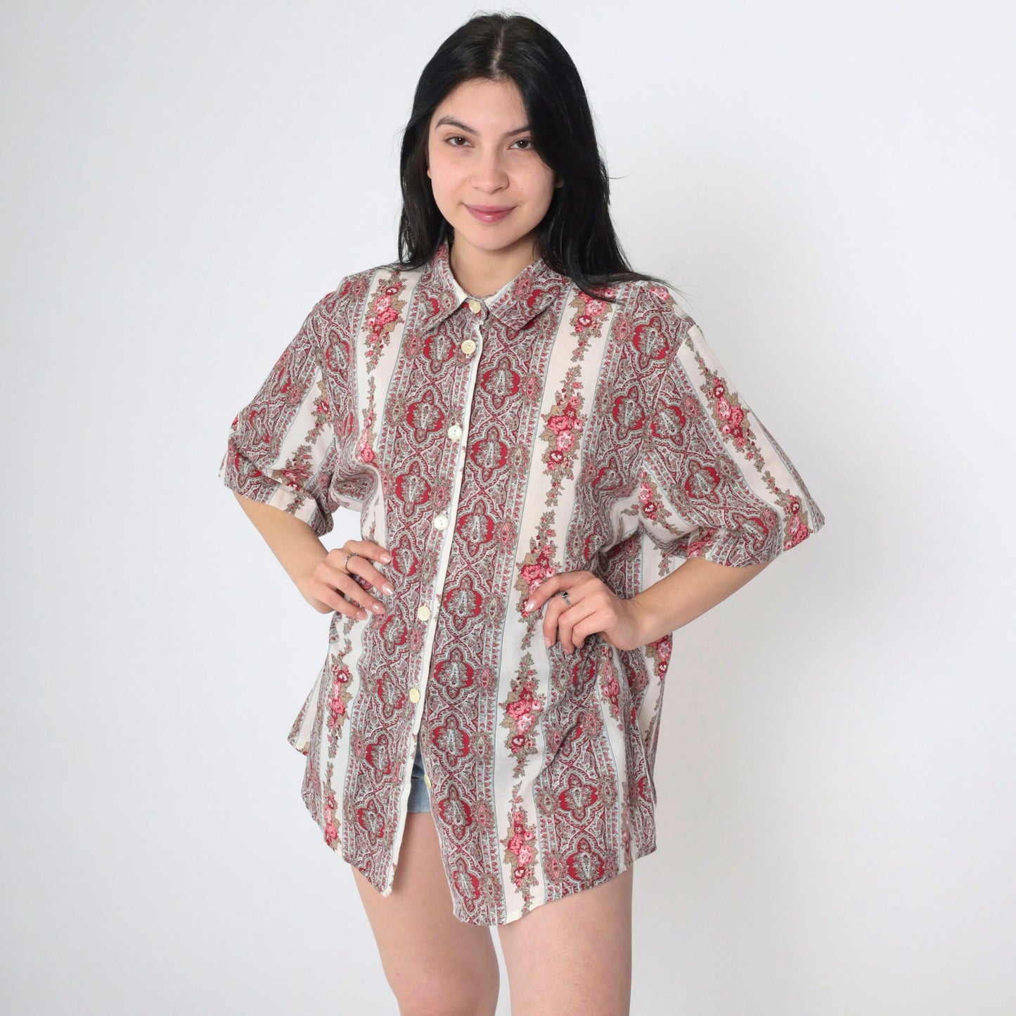 90s Paisley Floral Button-Up Blouse Off-White Short Sleeve Plus Size 1X