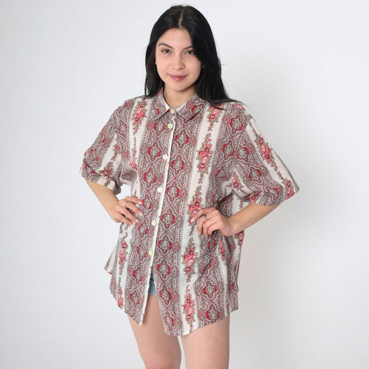 90s Paisley Floral Button-Up Blouse Off-White Short Sleeve Plus Size 1X