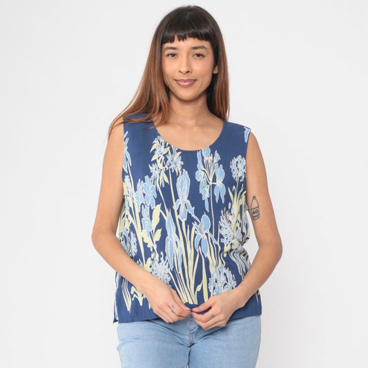 90s Blue Iris Floral Tank Top Sleeveless Blouse Extra Large XXL