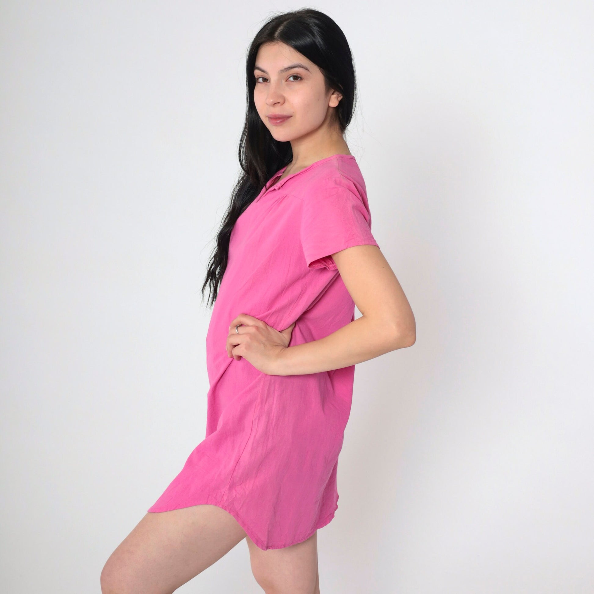 90s Pink T-Shirt Dress Micro Mini Slit Neckline Short Sleeve Small S