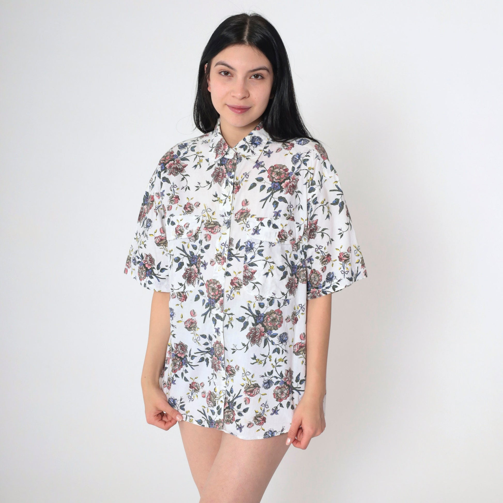 90s Bill Blass Floral Button-Up Blouse Cotton Short Sleeve White Pink Purple Medium