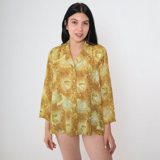 90s Embossed Floral Button-Up Blouse Long Sleeve Green Yellow Pointed Collar Medium