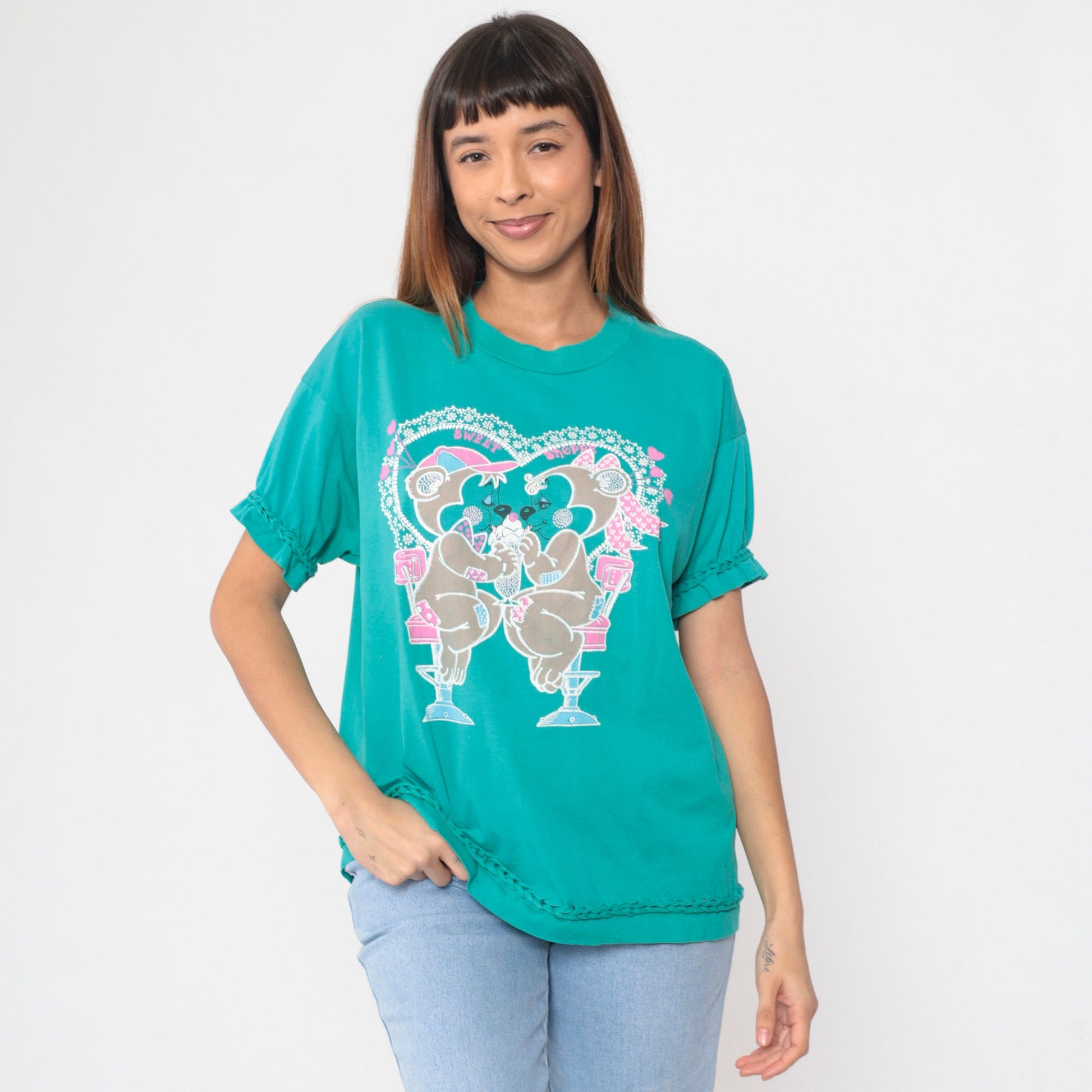 90s Bears in Love Ice Cream Graphic T-Shirt Teal Braided Trim Extra Large XL