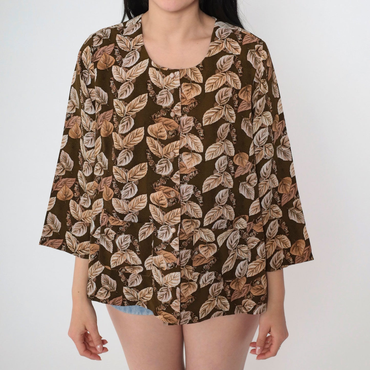 00s Brown Leaf Print Button-Up Blouse 3/4 Sleeve Pocket Shirt Small