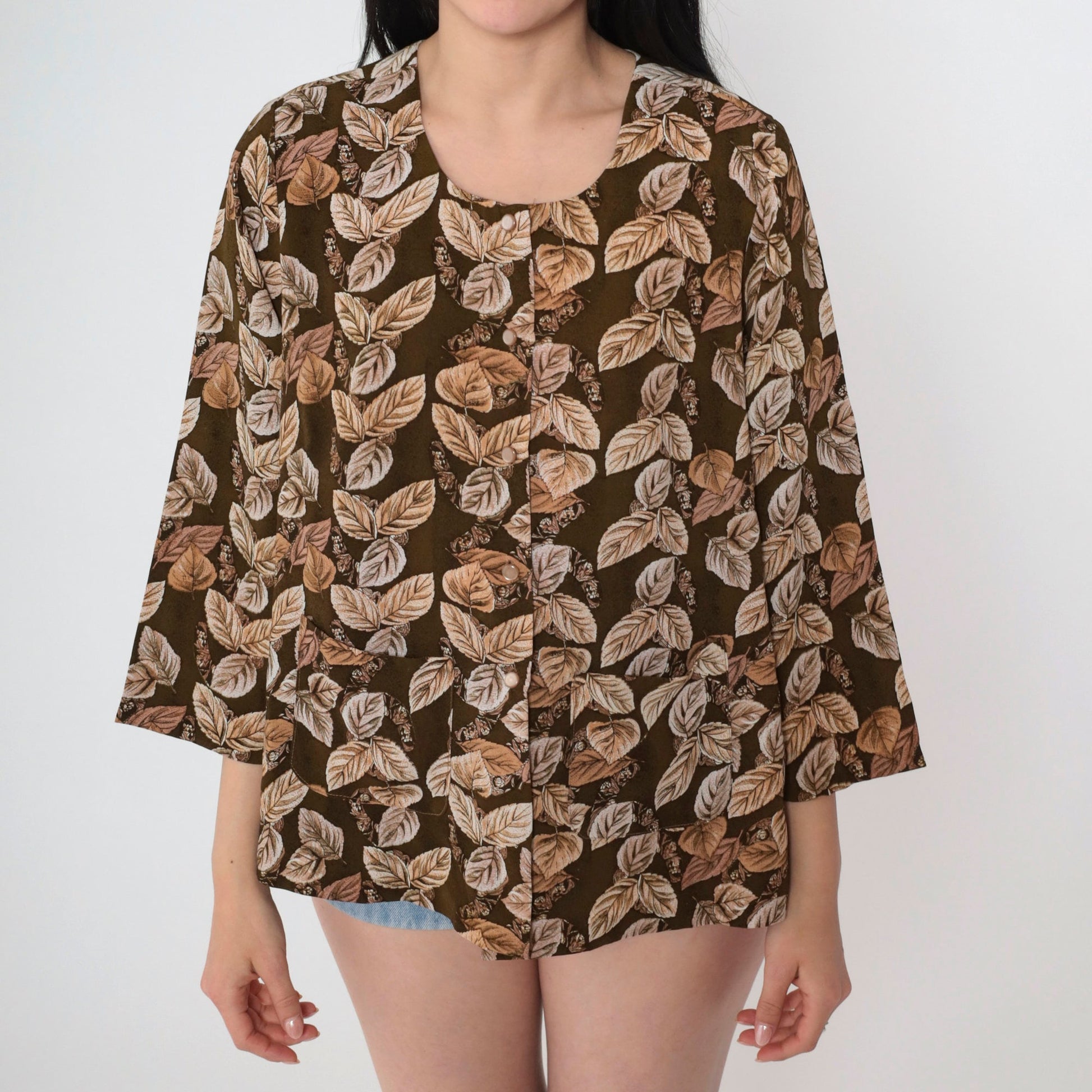 00s Brown Leaf Print Button-Up Blouse 3/4 Sleeve Pocket Shirt Small