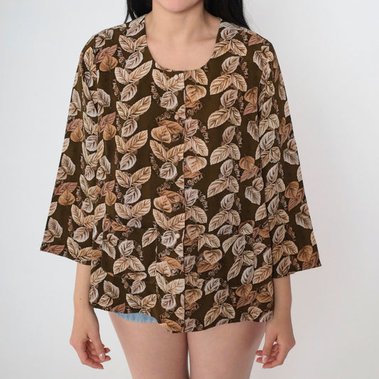 00s Brown Leaf Print Button-Up Blouse 3/4 Sleeve Pocket Shirt Small