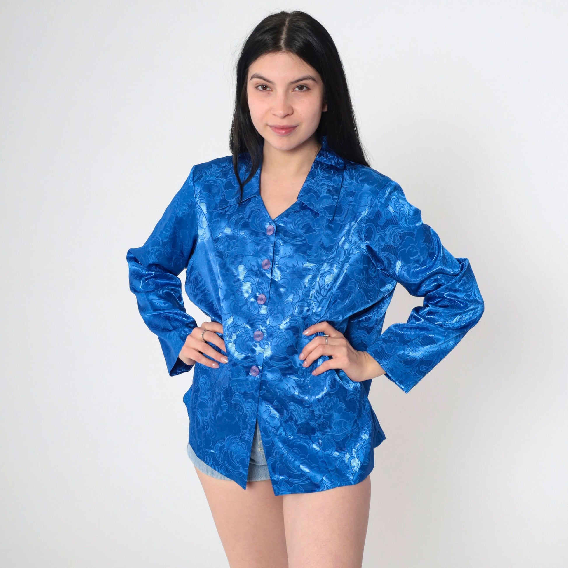 90s Blue Satin Floral Embossed Button-Up Blouse Princess Seam Long Sleeve Large L