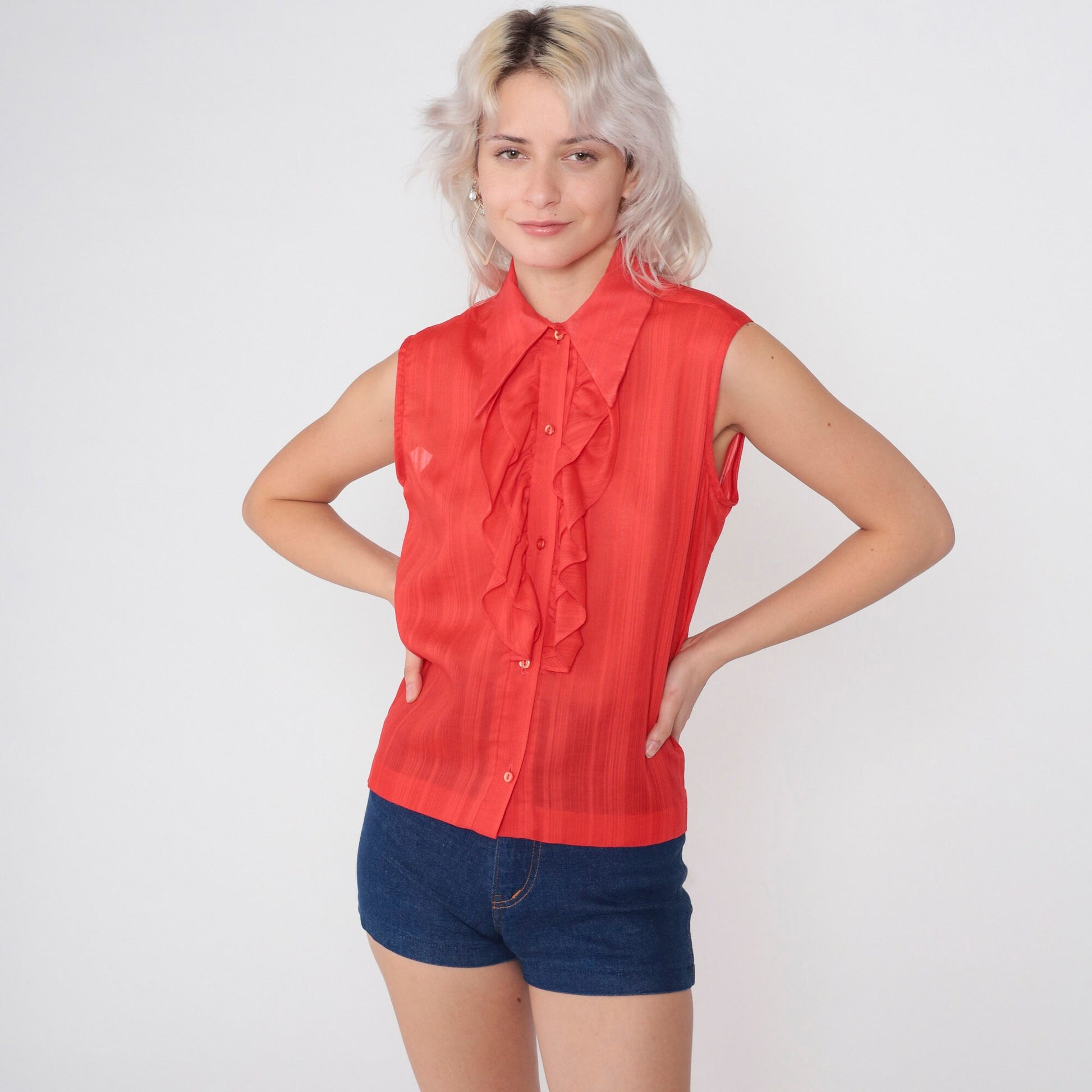 70s Red Striped Tank Top Dagger Collar Ruffle Front Button-Up Medium